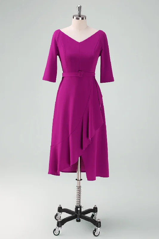 Special DealGrape Purple Asymmetrical Cocktail Dress with Half Sleeves