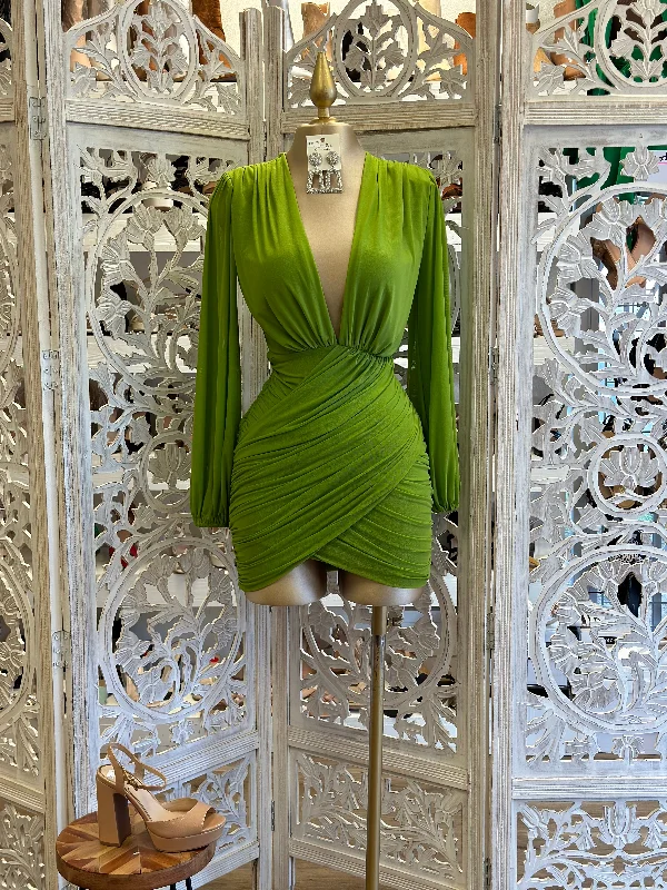 New Year SaleGrass Green Deep V Mini Wrapped Dress