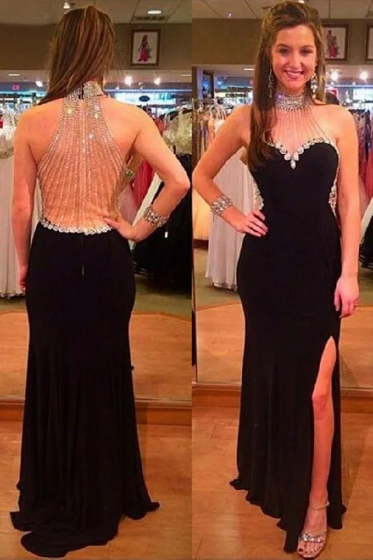 End - of - Season SaleHalter Black Split Floor-Length Prom Dress With Beading Rhinestones PG281