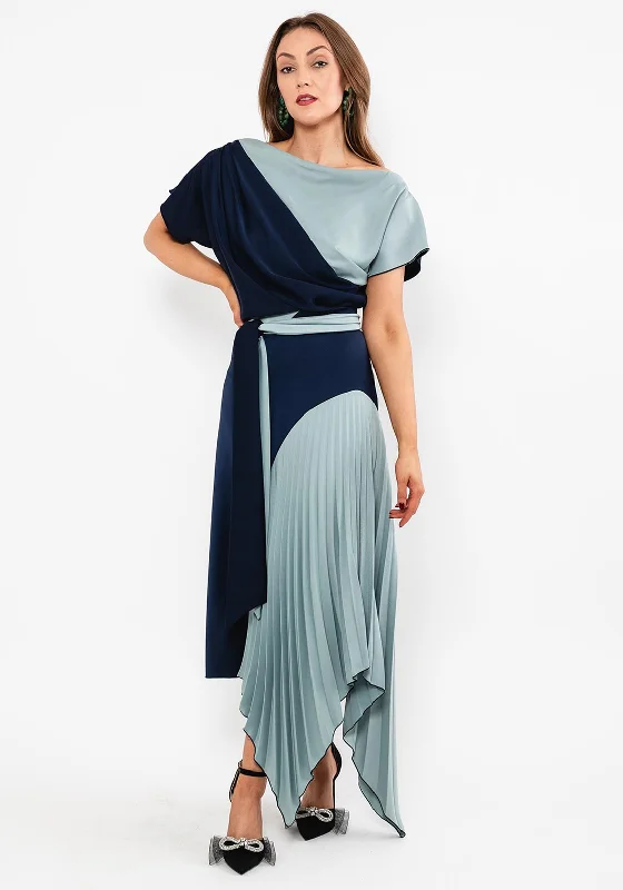 Fire SaleKevan Jon Lucy Pleat Drape Maxi Dress, Navy & Duck Egg