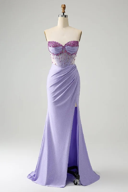 Upgrade Your Wardrobe SaleLight Purple Mermaid Strapless Ruched Beaded Corset Prom Dress with Slit