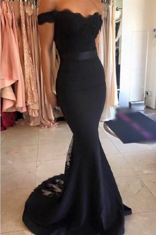 Blue Light SpecialMermaid Off the Shoulder Navy Blue Prom Dress Evening Dresses With Sash  PG230