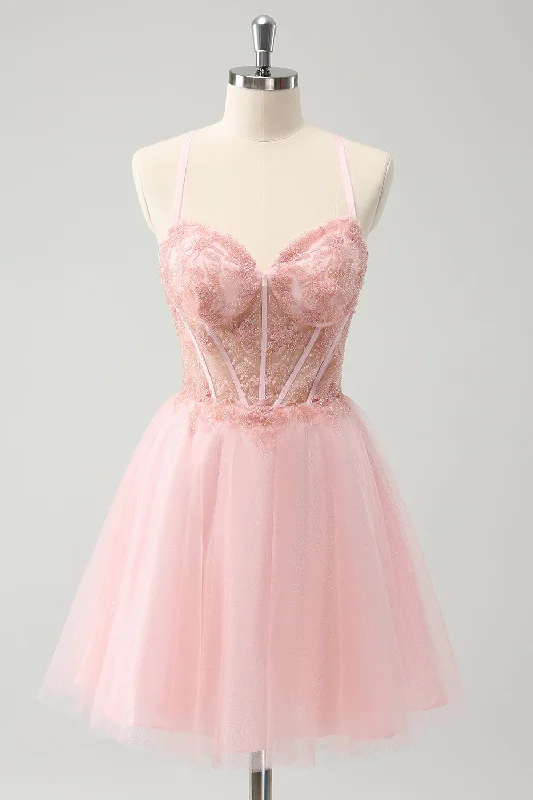 Up to 70% OffPink Tulle A-Line Short Graduation Dress with Beading