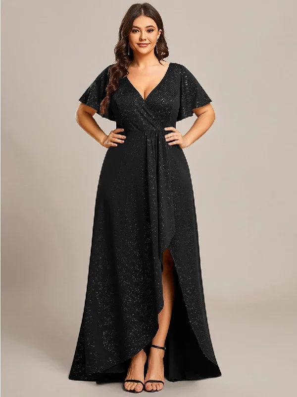 End - of - Season SalePlus Size Glitter Ruffled High-Low Front Slit Evening Dress