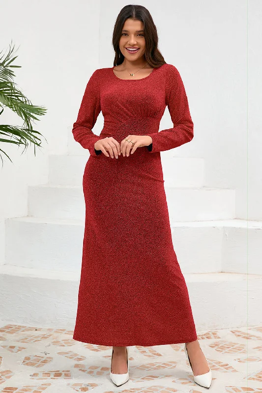 Seasonal SaleRed Mermaid Scoop Neck Long Party Dress with Long Sleeves