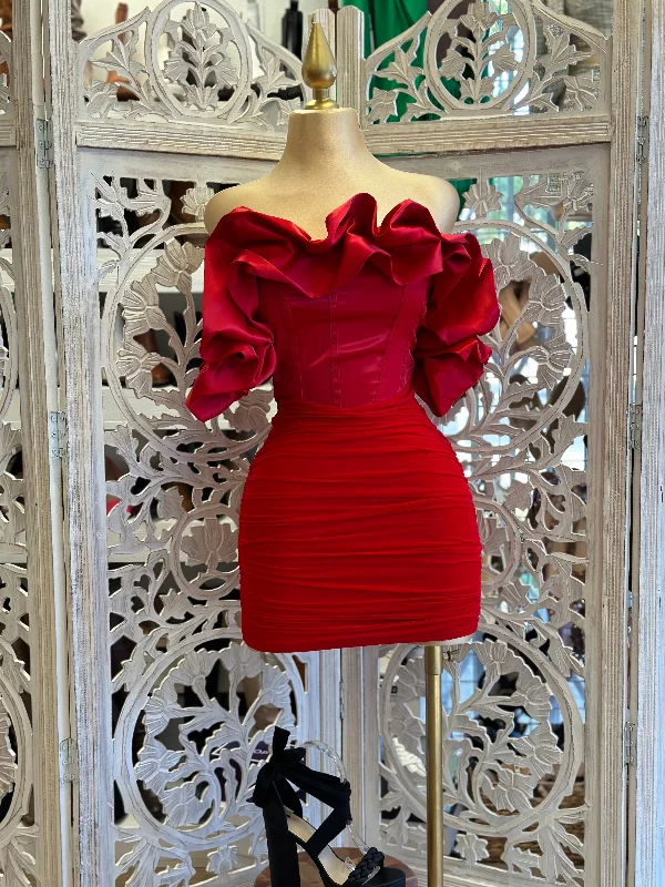 Economical ChoiceRed Satin Corset Puff Dress