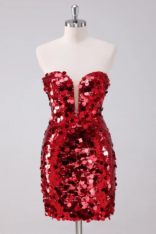 Promotion CodeRed Sequins Tight Graduation Dress With Removable Sleeves