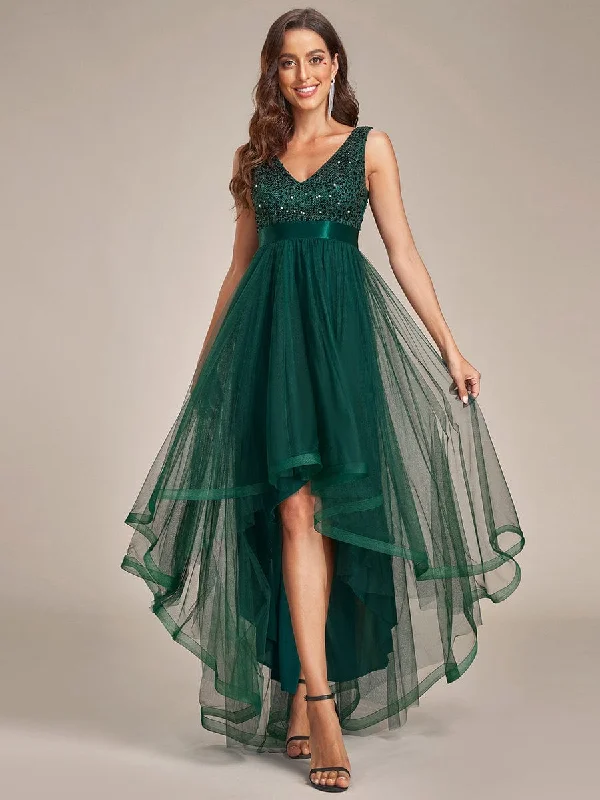 Clearance SaleSequin Bodice Tulle High-Low Evening Dress with Ribbon Waist