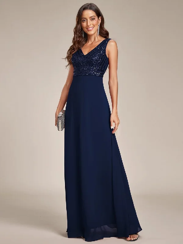 Summer SaleSequin Sleeveless Double V-Neck Formal Evening Dress