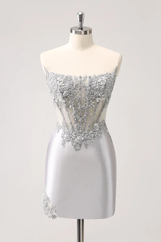 Valentine's Day SaleSilver Strapless Sequins Corset Tight Graduation Dress