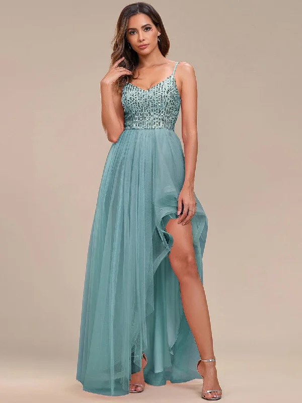 Exclusive AccessSpaghetti Strap Sequin Top A-Line High Low Tulle Evening Dress