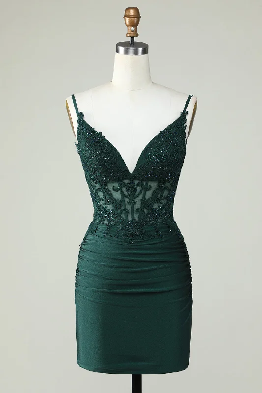 Outlet SaleSpaghetti Straps Dark Green Short Prom Dress with Beading