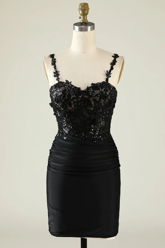 Affordably PricedSpaghetti Straps Sequins Black Short Prom Dress