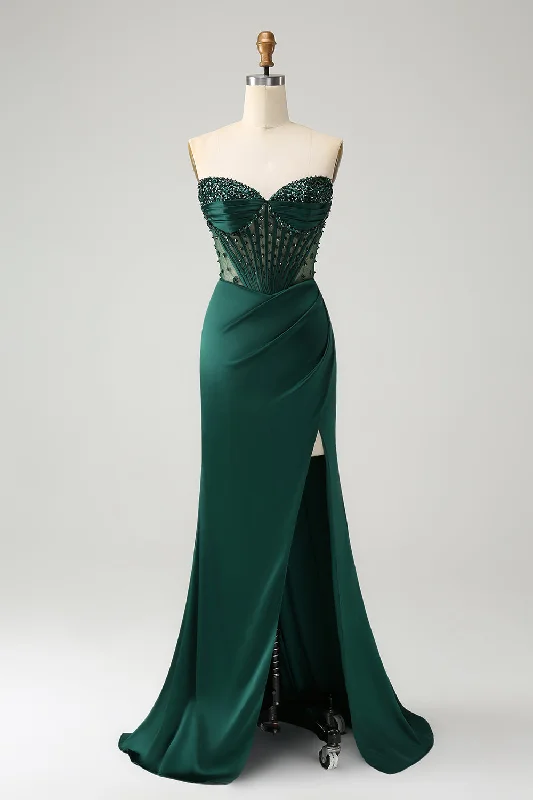 Collector's Item SaleSparkly Dark Green Mermaid Strapless Beaded Corset Long Prom Dress with Slit