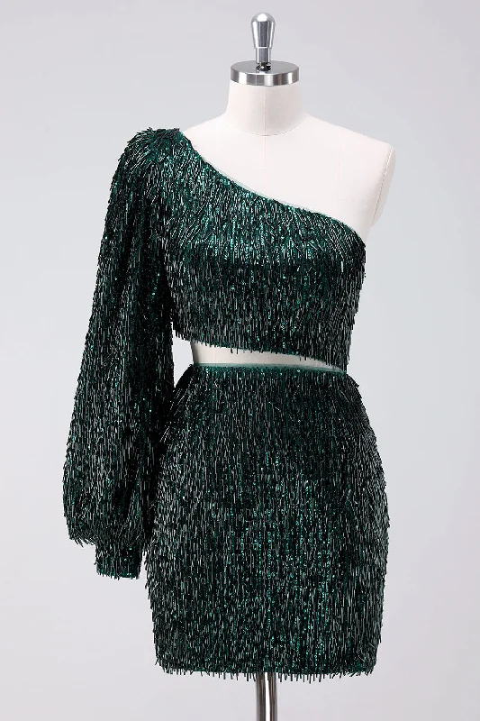 Member's DiscountSparkly Dark Green One Shoulder Tight Short Graduation Dress with Tassels