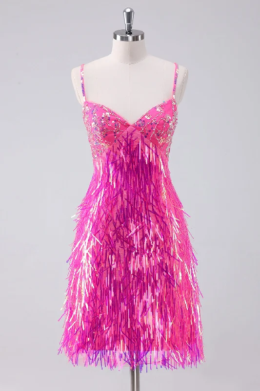 While Supplies LastSparkly Hot Pink A Line Spaghetti Straps Fringe Sequins Graduation Dress