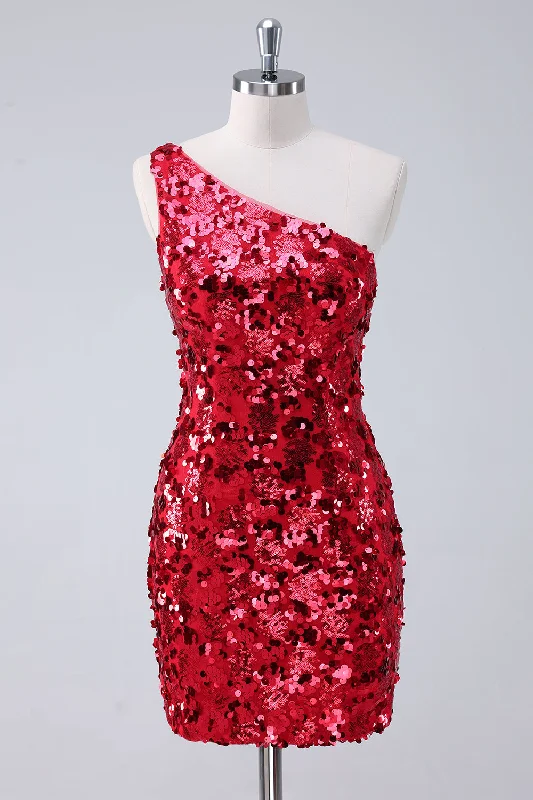 Back - to - School SaleSparkly Red One Shoulder Tight Short Graduation Dress with Sequins