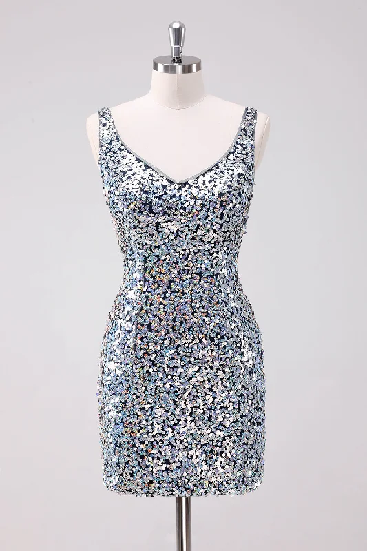 Final SaleSparkly Silver Bodycon V-Neck Short Graduation Dress with Sequins