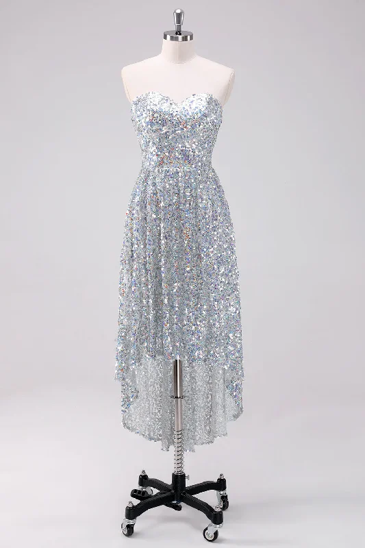 Outlet SaleSparkly Silver Sweetheart Asymmetric Graduation Dress with Sequins