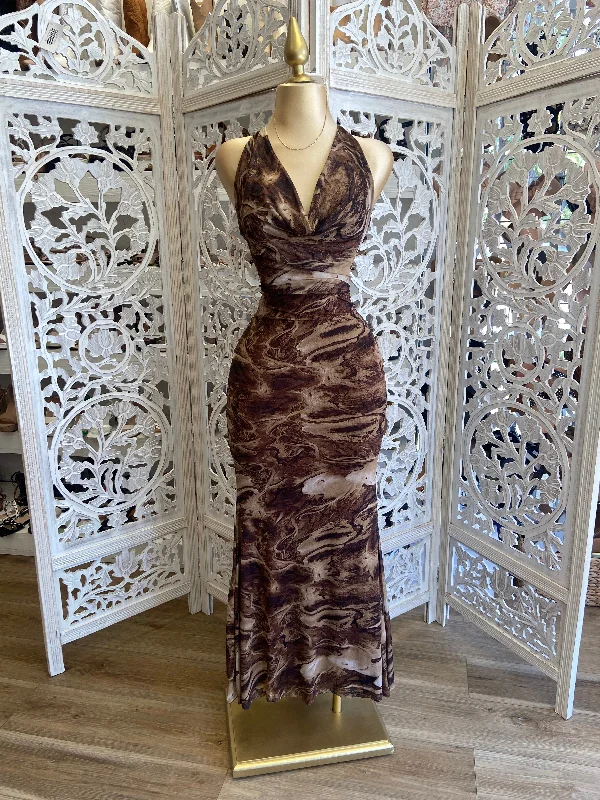 Christmas SaleTie Dye Cowl Neck Brown Dress