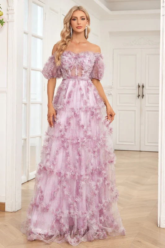 Blowout SaleTulle Off The Shoulder Printed Purple Ball Gown Dress