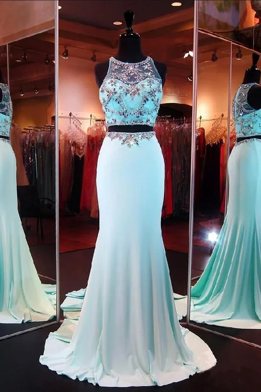 Price CutTwo Piece Mermaid Blue Prom Dresses Evening Dresses With Beading PG289