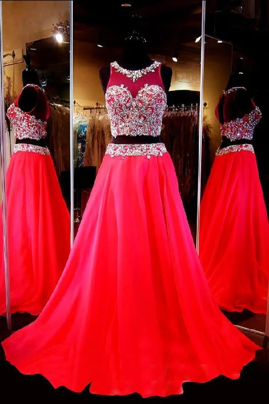 Last Chance SaleTwo Piece Scoop Sleeveless Red Chiffon Prom Dresses With Beading PG278