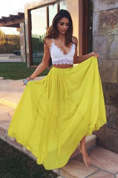 Free ShippingTwo Piece Sweetheart Yellow Chiffon Lace Prom Dresses Evening Dresses PG288