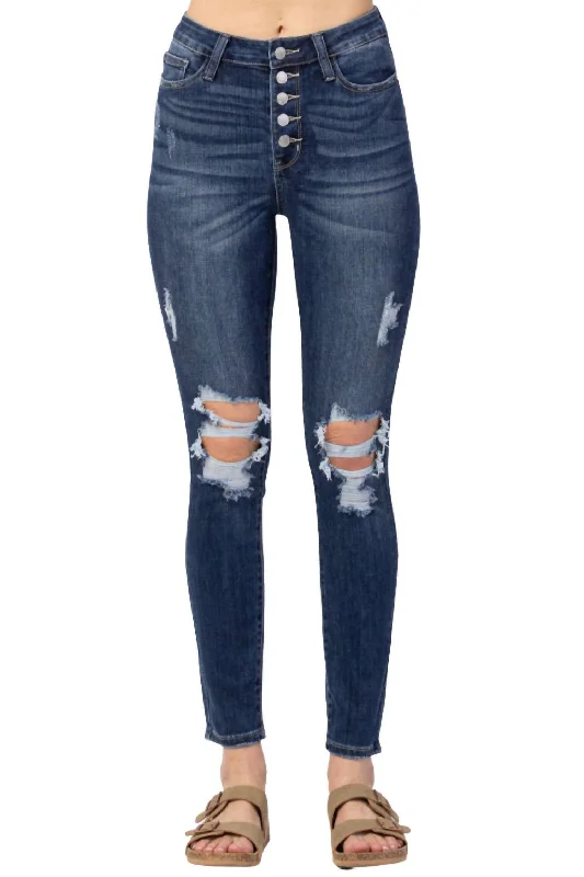 Hot DealsButton Fly Skinny Jean In Dark Denim