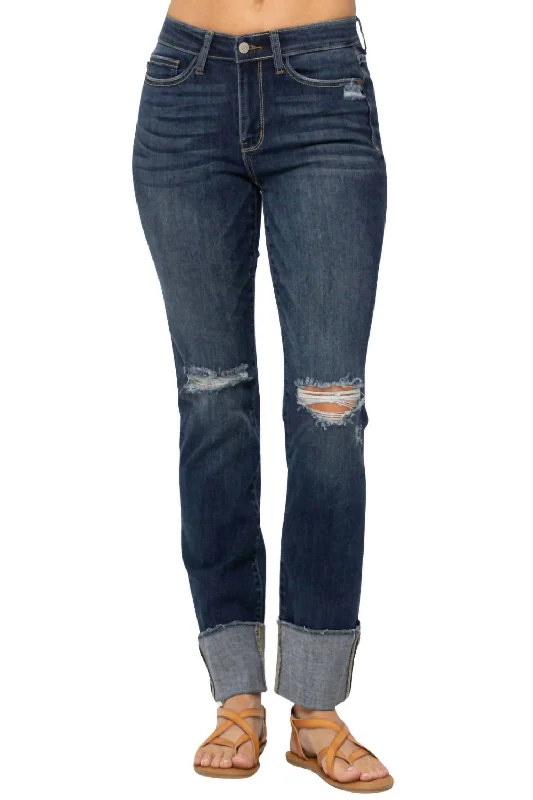 Closeout SaleDestroyed Cuffed Straight Leg Jeans In Blue