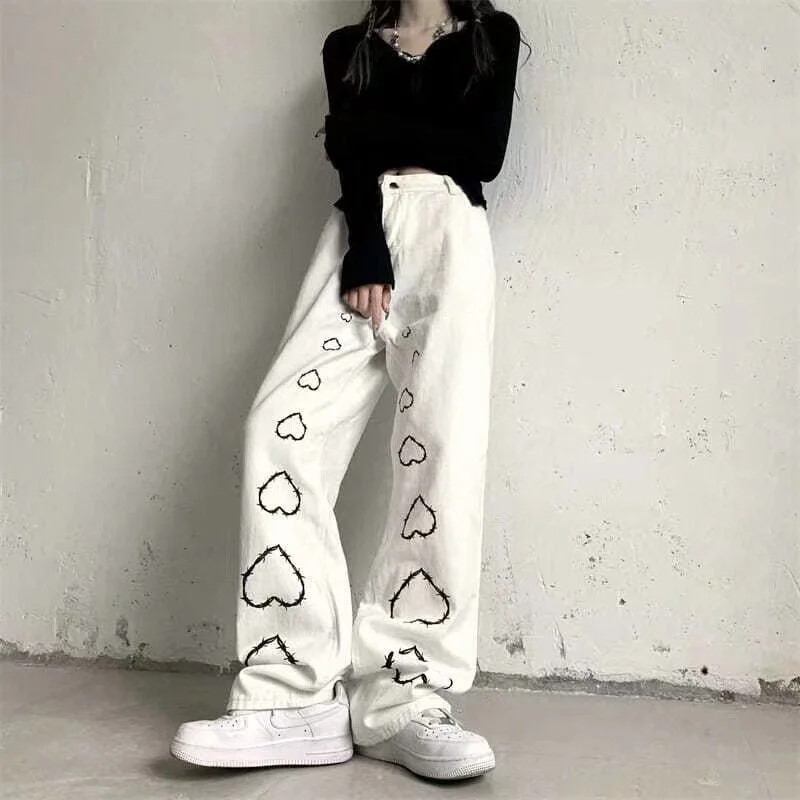 Winter SaleKittenAlarm - Mojoyce High Street Hot Girl Vintage Heart Print High Waist Straight Goth  Baggy Jeans Woman Y2K Clothes Wide Leg Denim Pants