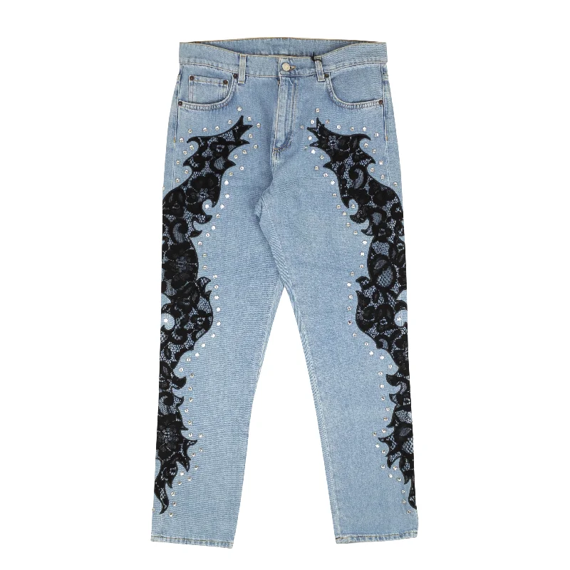 Great SavingsNWT MOSCHINO COUTURE Blue Black Lace Flame Detail Jeans