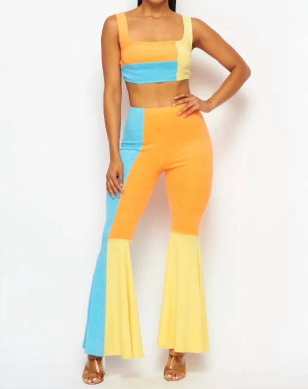 Easy Financing OptionsBright Idea Terry Cloth Crop Top And Pant Set In Orange, Blue, Yellow