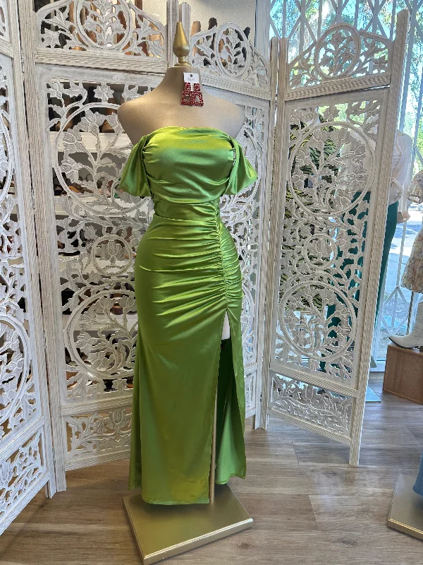 While Supplies LastGreen Off Shoulder Satin Ruched Dress