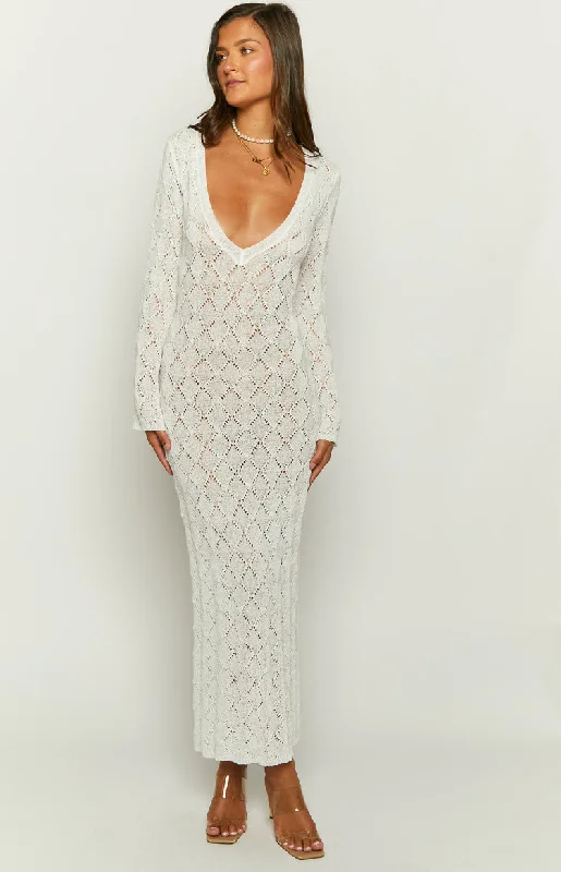 Liquidation SaleDrea White Backless Knit Maxi Dress