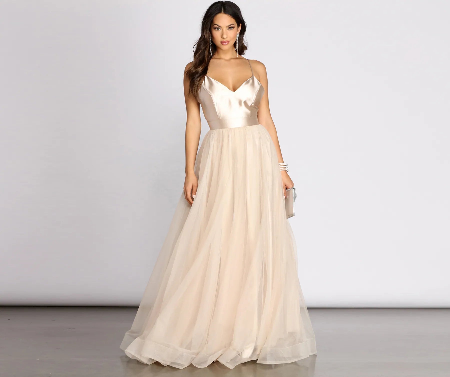 Flash DealsEmily Satin V Neck Tulle Ball Gown