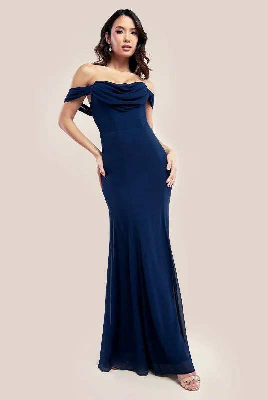 Member's DiscountGoddiva Chiffon Bardot Cowl Neck Maxi Dress - Navy