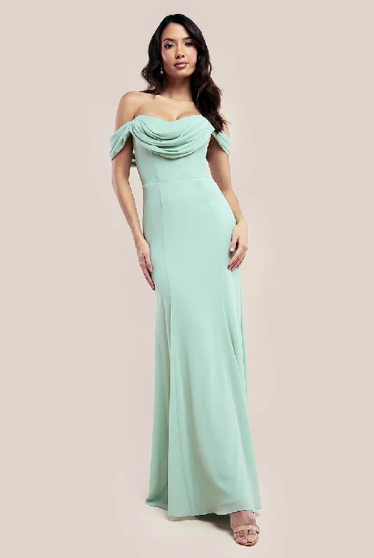 Winter SaleGoddiva Chiffon Bardot Cowl Neck Maxi Dress - Sage Green