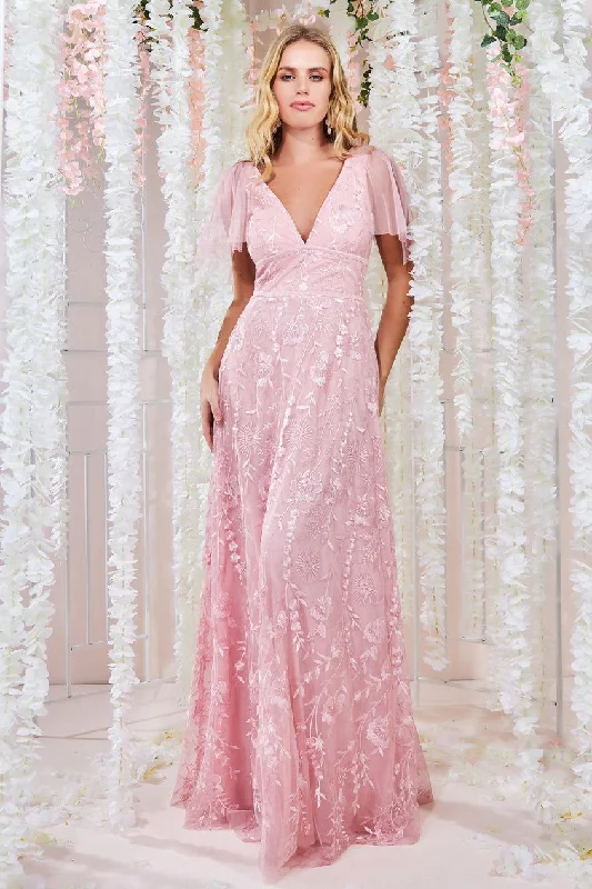 Limited Edition SaleGoddiva Embroidered Lace Maxi Flutter Sleeves - Blush