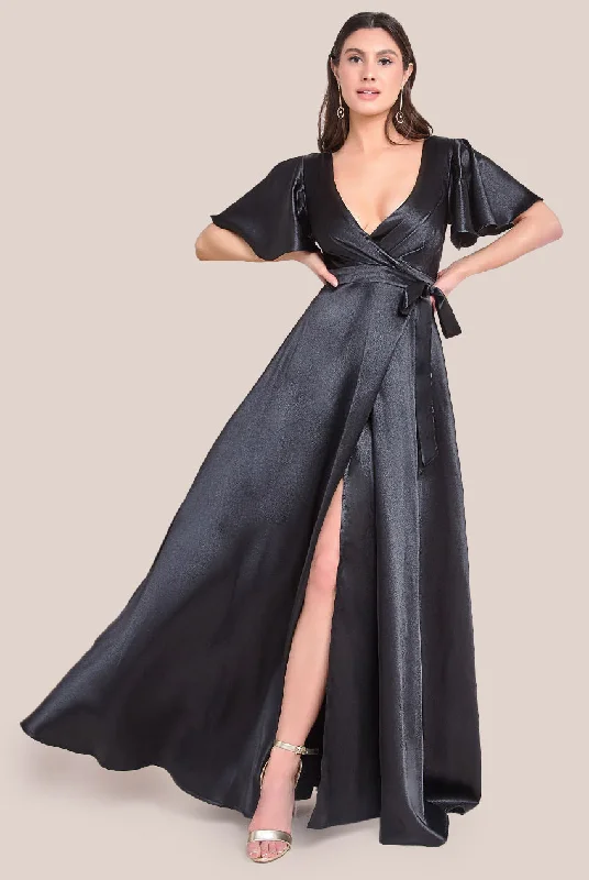 Christmas SaleGoddiva Flutter Sleeve Wrapover Satin Maxi Dress - Black