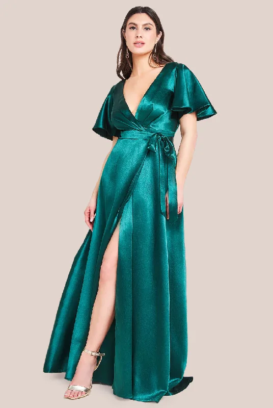 Labor Day SaleGoddiva Flutter Sleeve Wrapover Satin Maxi Dress - Emerald Green