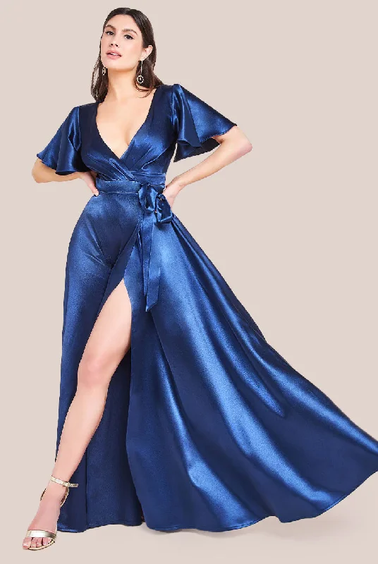 Up to 70% OffGoddiva Flutter Sleeve Wrapover Satin Maxi Dress - Navy