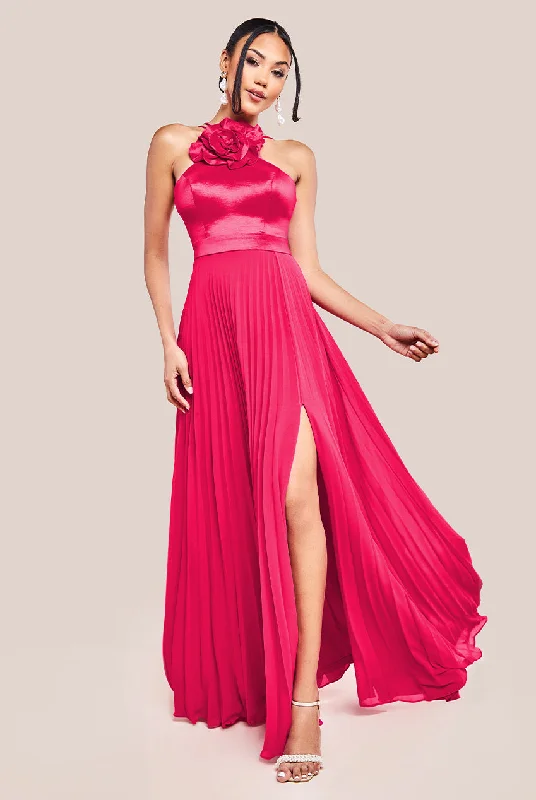 Amazing DiscountsGoddiva Pleated Chiffon Corsage Halter Strappy Maxi Dress - Magenta