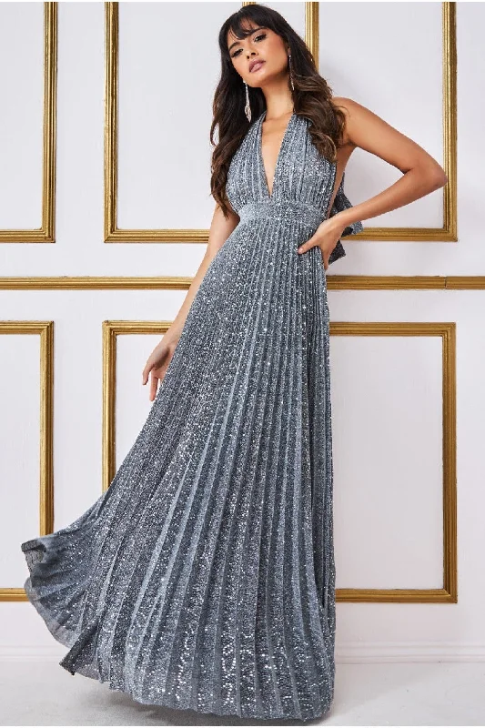 Economical ChoiceGoddiva Plunge Halterneck Sequin Lurex Maxi - Silver