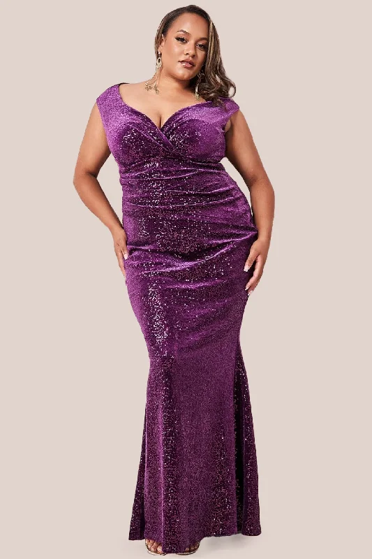 Thanksgiving SaleGoddiva Plus Sequin & Velvet Bardot Maxi Dress - Purple