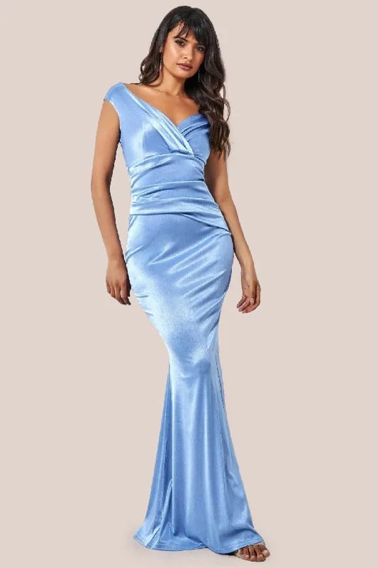 Spring SaleGoddiva Satin Off The Shoulder Maxi Dress - Dusty Blue