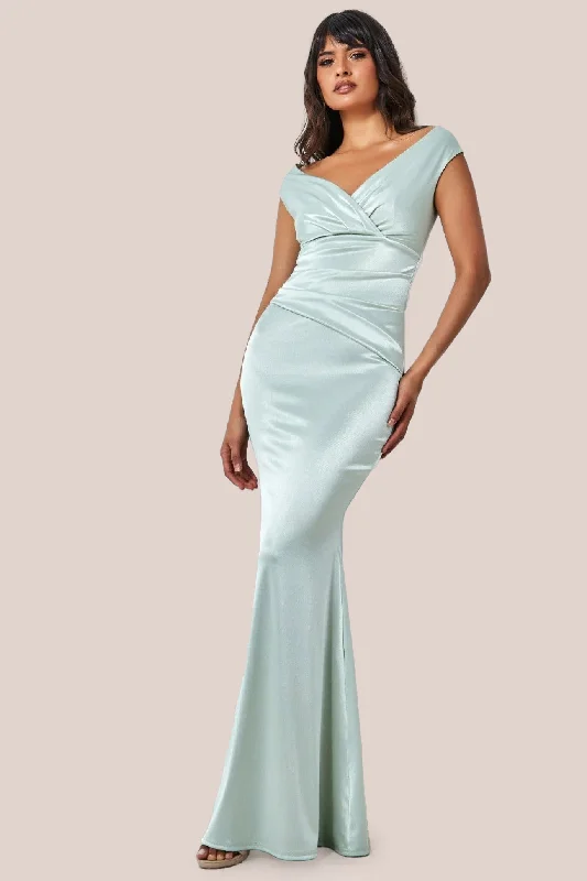 Limited StockGoddiva Satin Off The Shoulder Maxi Dress - Sage Green