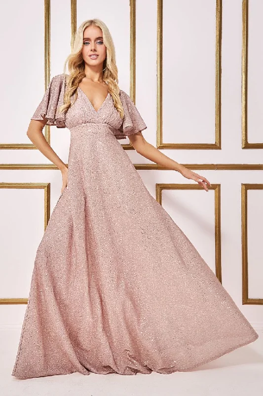 Big SaleGoddiva Sequin Lurex Flutter Sleeve Maxi Dress - Champagne