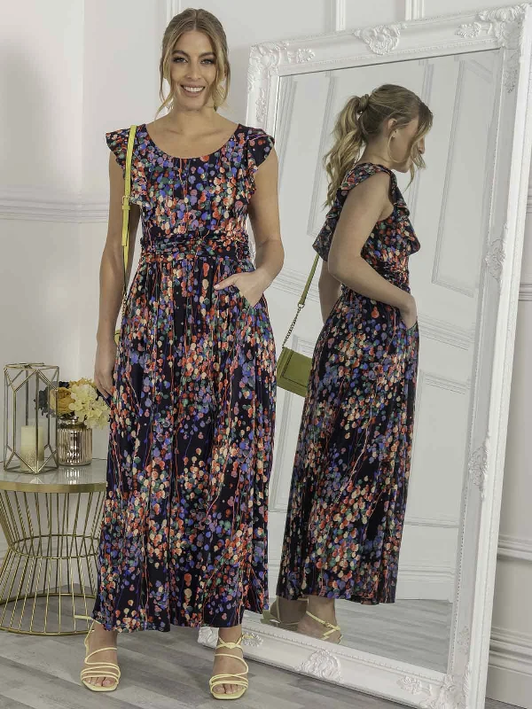 Christmas SaleJolie Moi Adalena Frill Shoulder Maxi Dress, Navy Multi