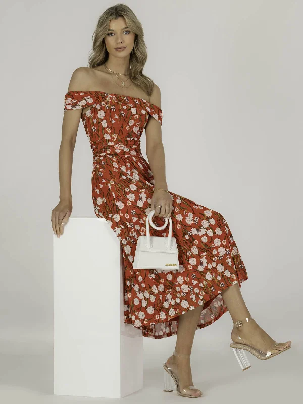 Loyalty ProgramKiara Bardot Neck Mesh Dress, Red Floral